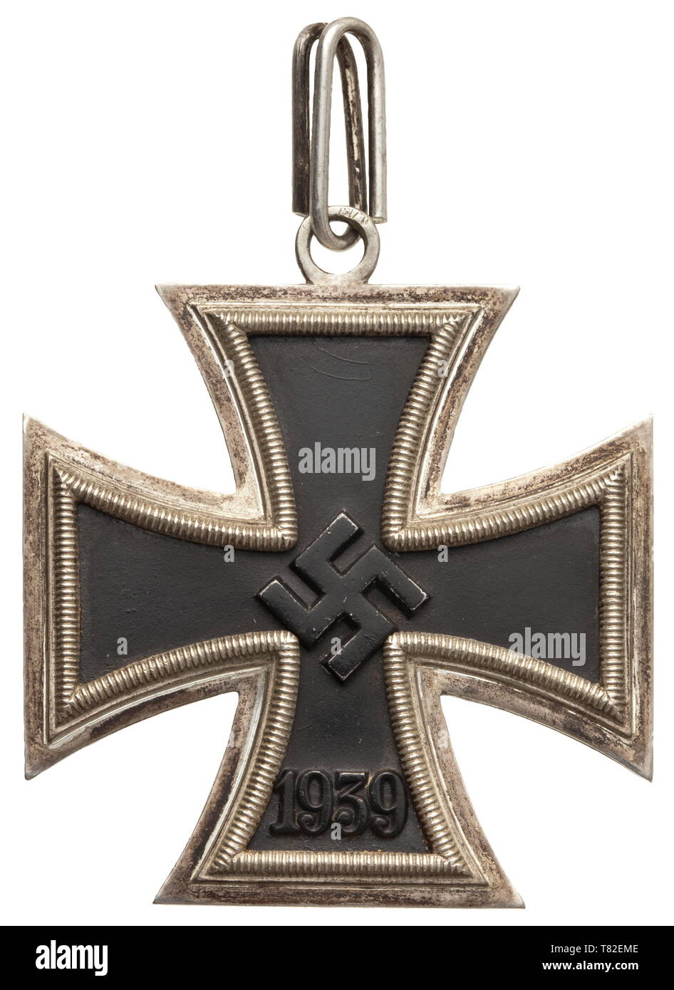 A Knight's Cross of the Iron Cross by maker Otto Schickle Nickel silver frame, blackened iron core, unmarked suspension ring typical of Schickle, the obverse of the eyelet with LDO punch mark 'L/15'. Weight 24.8 g. Dimensions without suspension ring 49 x 49 mm. Certainly one of the rarest Knight's Crosses, Otto Schickle produced these awards for just a short period of time (most probably only until 1941), thus these crosses are hardly ever seen on the market. Cf. Dietrich Maerz, 'Das Ritterkreuz des Eisernen Kreuzes und seine Höheren Stufen'. historic, historical, awards, a, Editorial-Use-Only Stock Photo