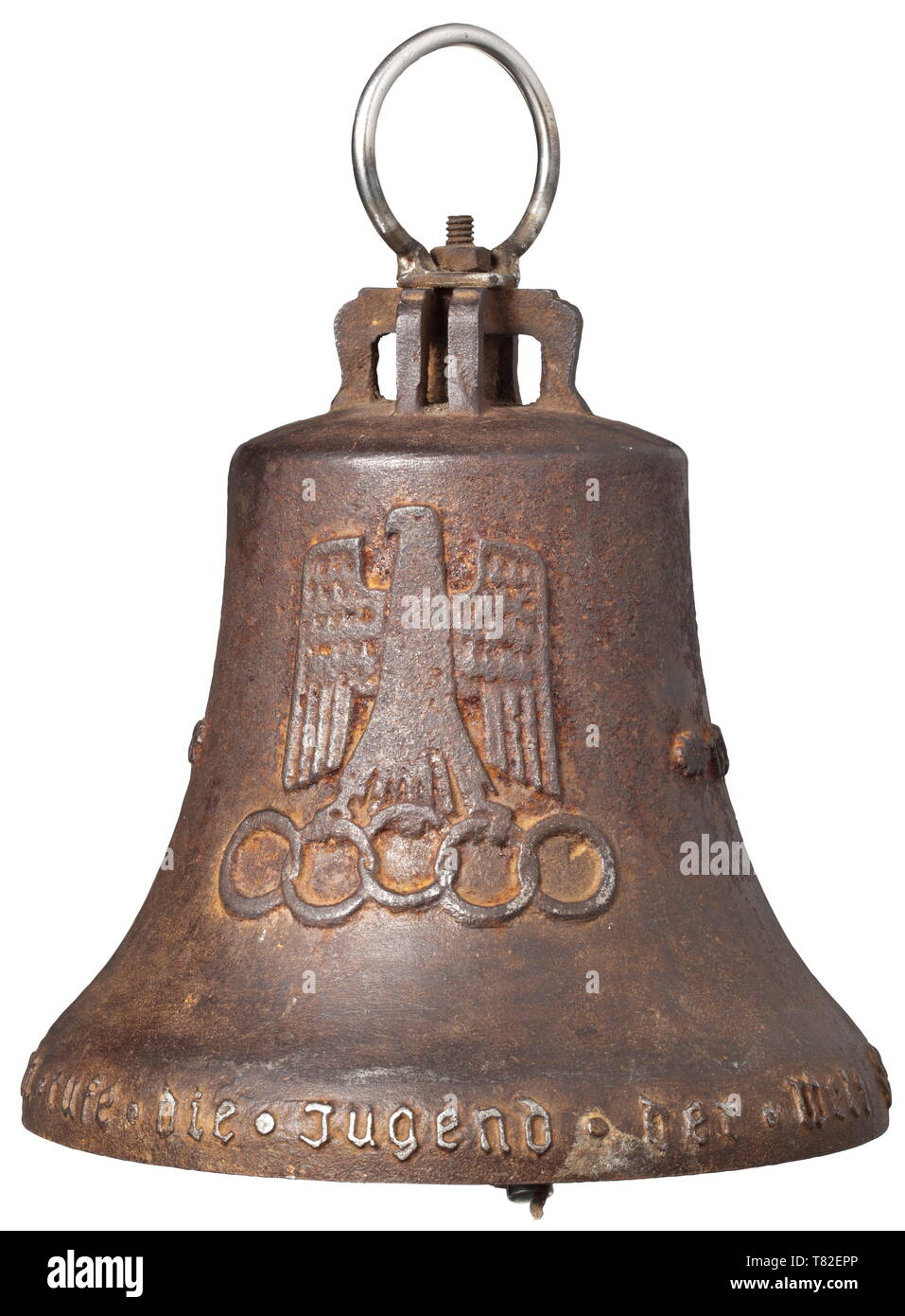 A track official's bell from the XI Olympic Games in Berlin 1936 Sonorous cast steel bell with national eagle in relief surmounting the Olympic rings, image of the Brandenburg Gate and dates '1. - 16. August 1936'. The lower edge surrounded by the inscription (tr) 'I call upon the youth of the world - 11th Olympic Games Berlin'. Large screw-mounted suspension ring and iron clapper with remains of a leather loop. Height circa 23 cm. Letter of provenance available. Significant object from the Olympic games, which was used to announce the last lap i, Additional-Rights-Clearance-Info-Not-Available Stock Photo