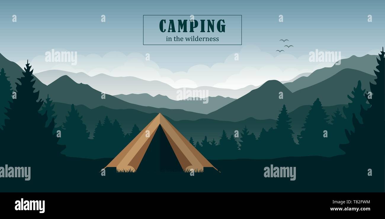 camping adventure in the wilderness tent in the forest at green mountain landscape vector illustration EPS10 Stock Vector