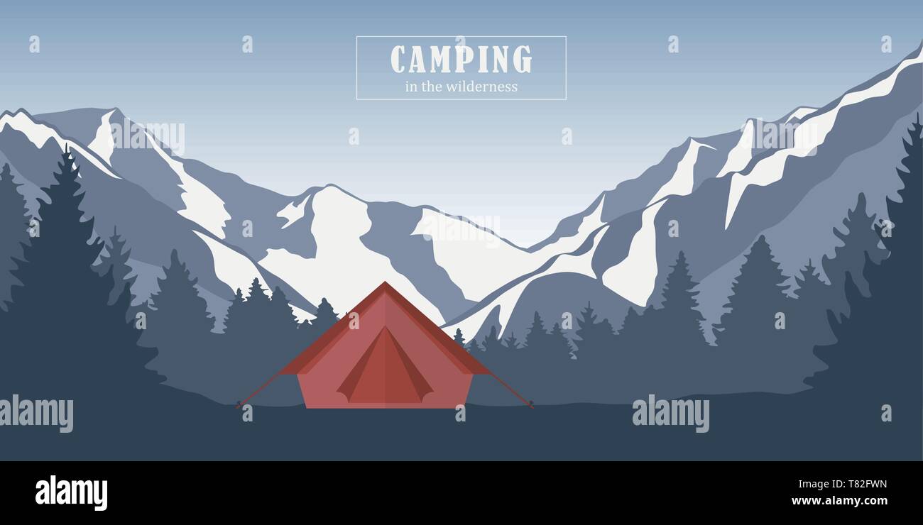 camping adventure in the wilderness red tent in the forest at snowy mountain landscape vector illustration EPS10 Stock Vector