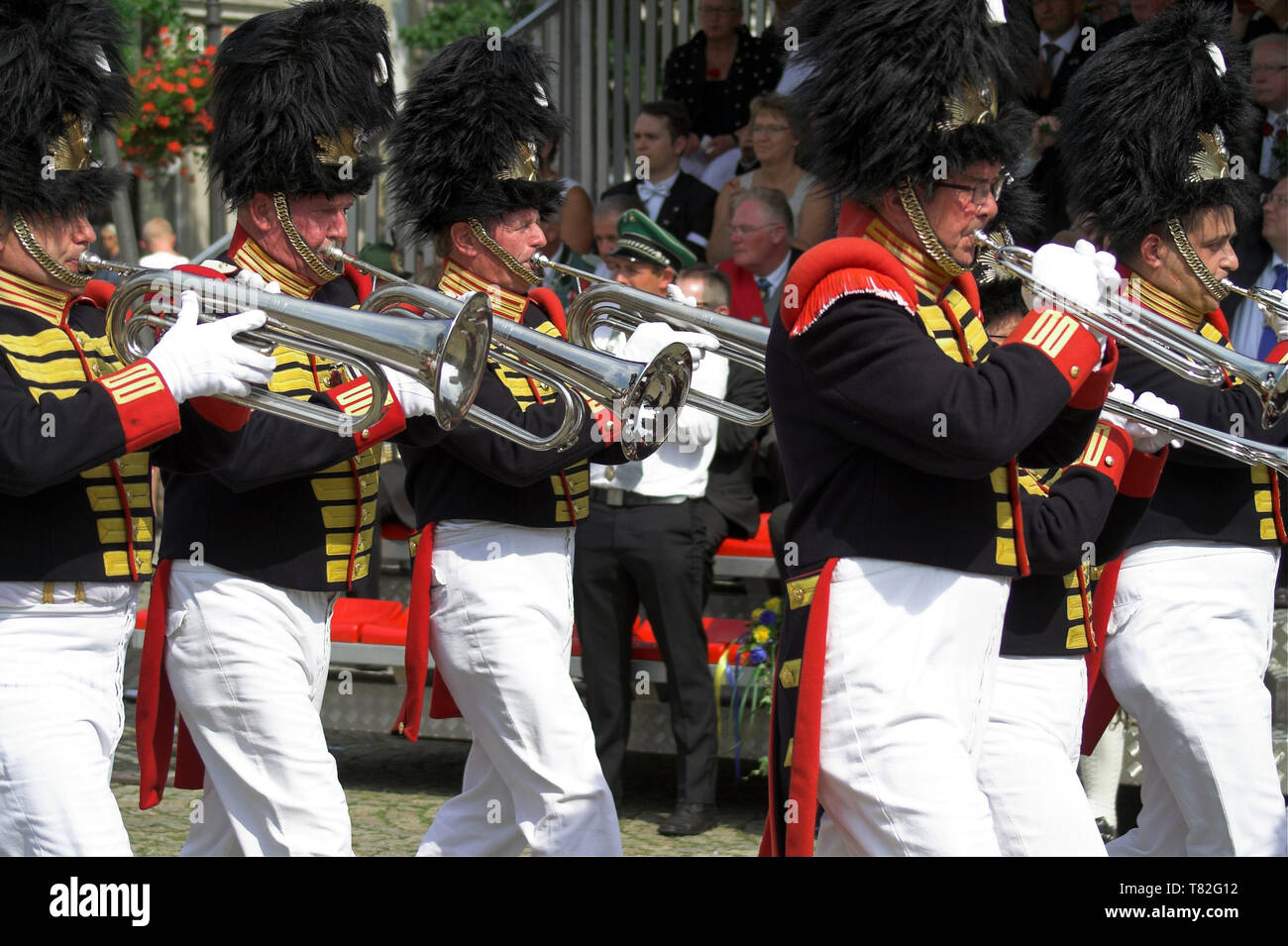 Outdoor brass band in historic ceremonial uniforms. OutdoorBlaskapelle