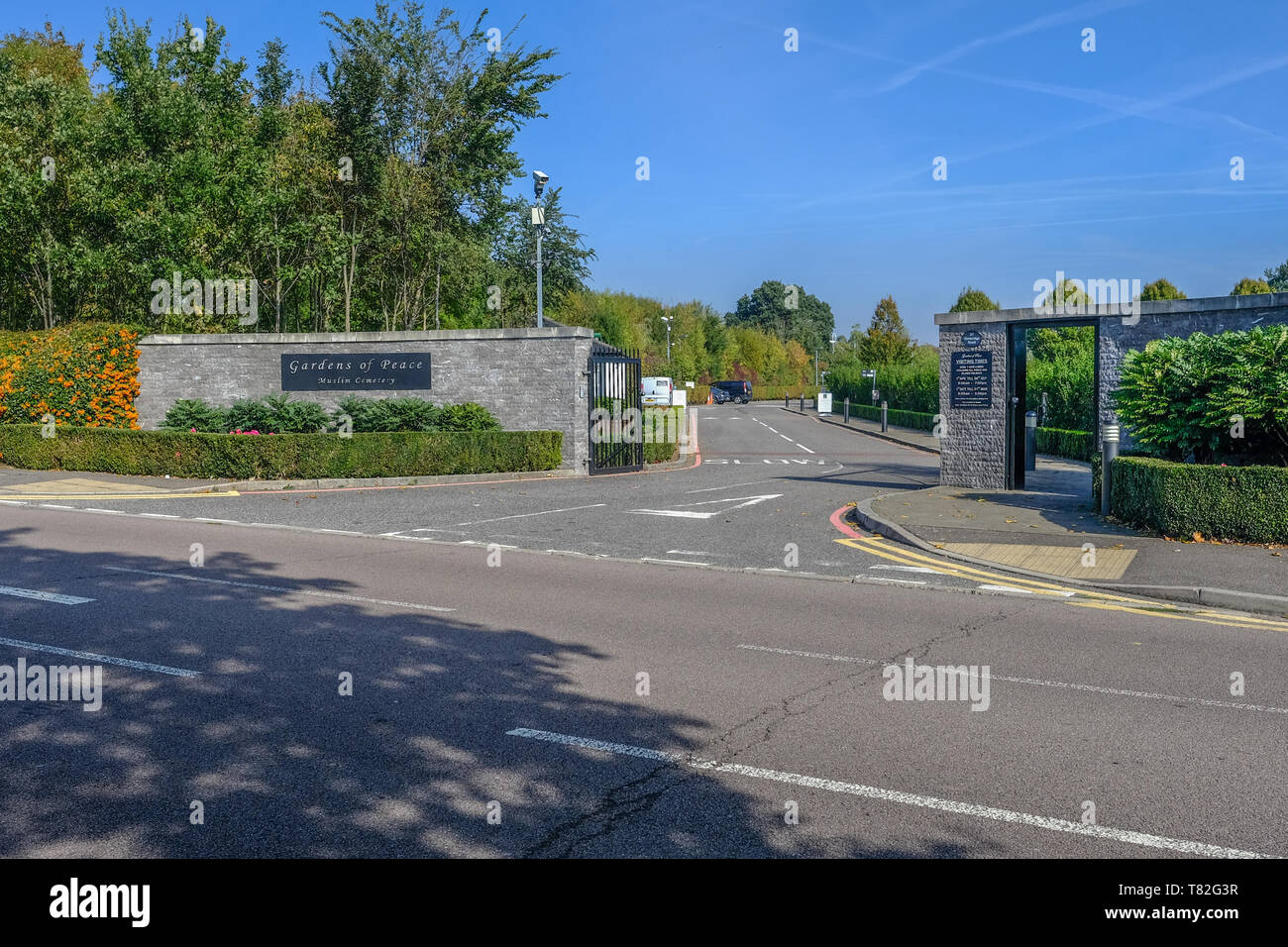 Hainault, Ilford, Essex, UK - October 5, 2018: View of entrance to the Gardens of Peace Muslim Cemetery in Elmbridge Road. Stock Photo