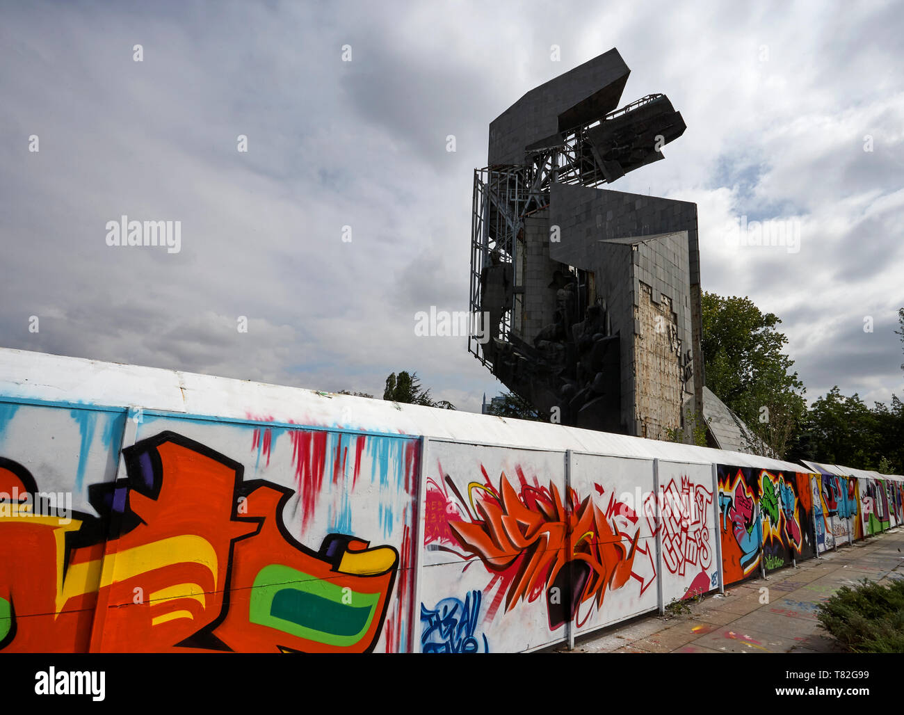Graffiti outside the ruined '1300 years Bulgaria' monument built in front of the National Palace and is now demolished Stock Photo