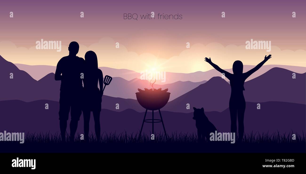bbq with friends in the mountains purple landscape at sunset vector illustration EPS10 Stock Vector