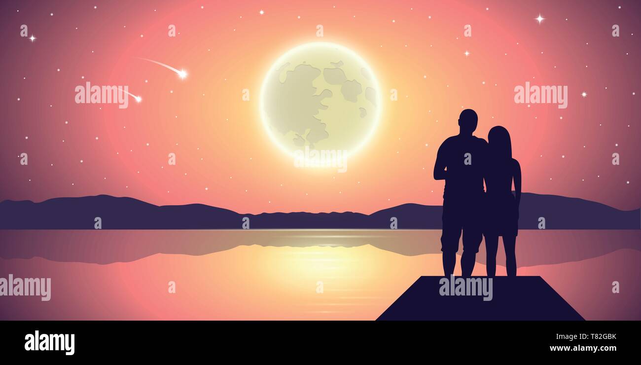 couple in love at the lake with full moon and falling stars purple ...