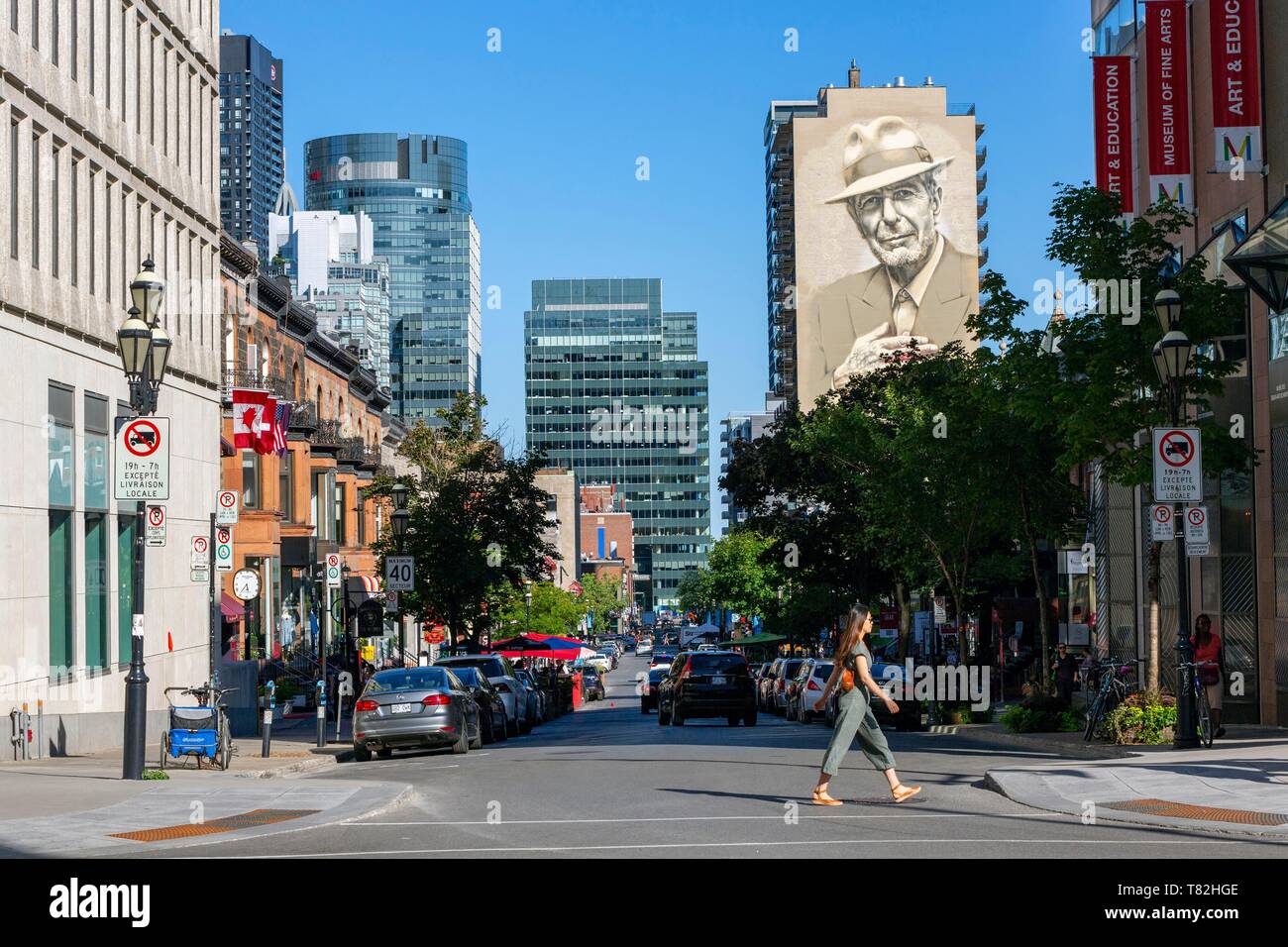 Canada, Province of Quebec, Montreal, Crescent Street, giant fresco of Léonard Cohen by two artists - the American El Mac and the Montrealer Gene Pendon (nicknamed Starship) Stock Photo