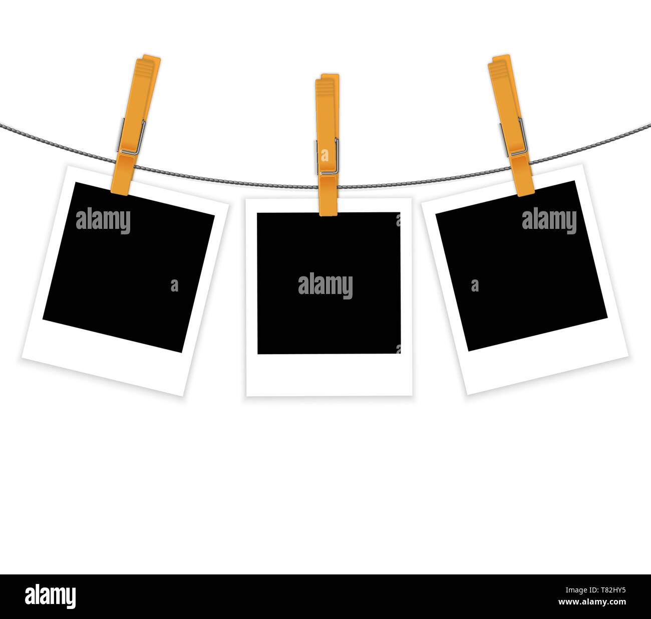 Photo frames on rope with clothespins vector background Stock Vector