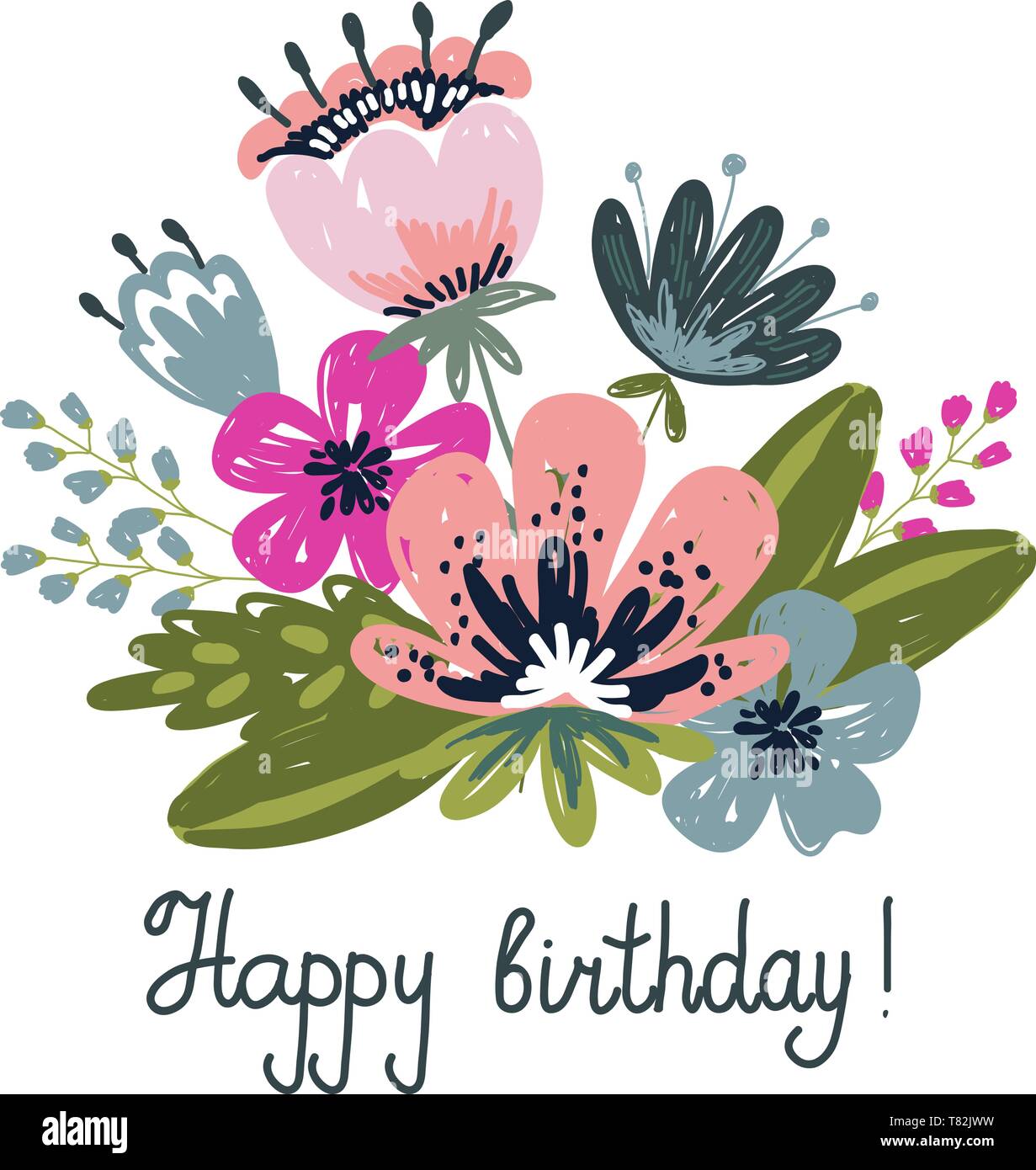 Greeting card Happy birthday. Hand drawng brush picture . Flowers ...