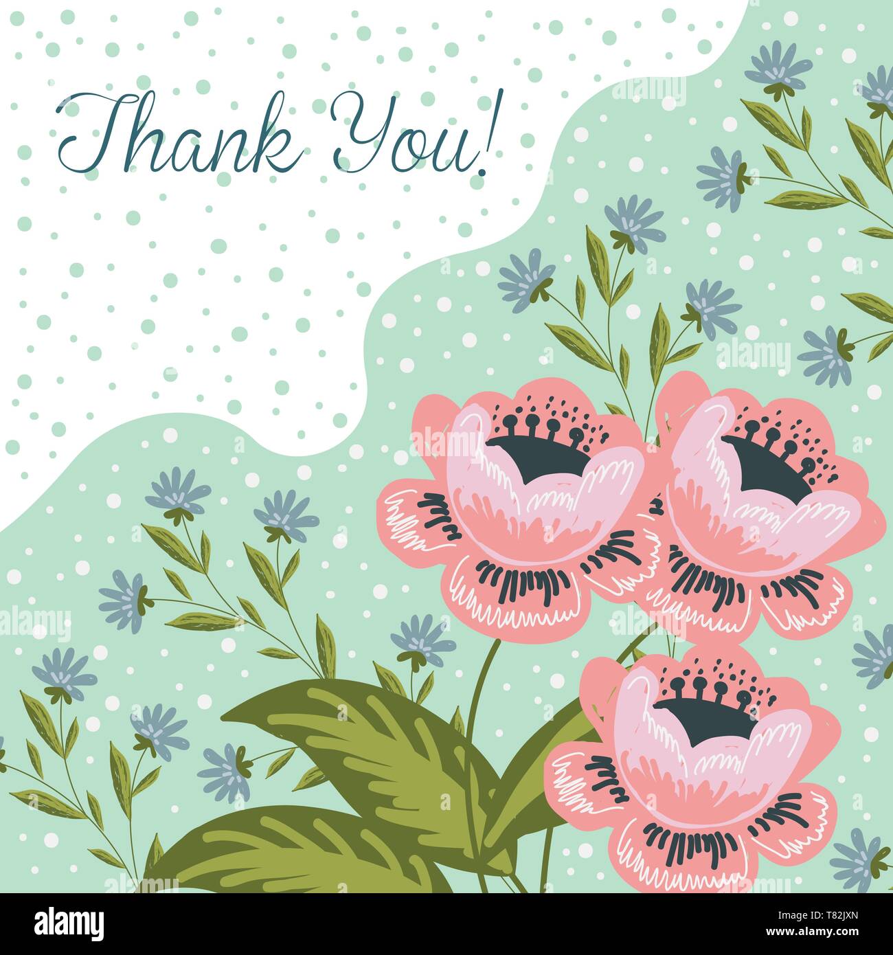 Thank you. Hand drawng brush picture . Doodle Flowers and leaves