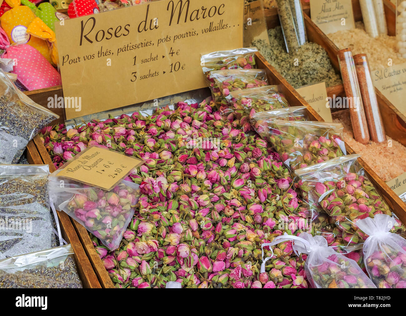 Exotic dried Moroccan rose buds for sale at a local outdoor farmers