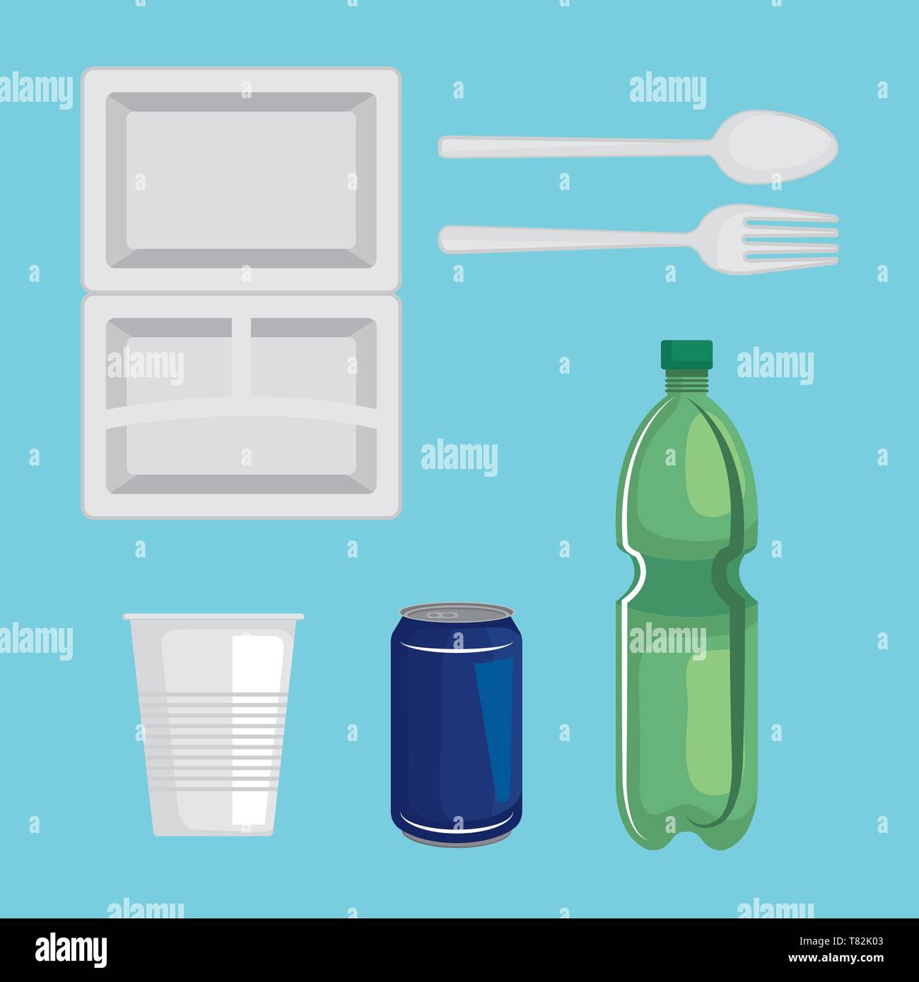 set of toxic plastic plate with bottles and cups waste Stock Vector