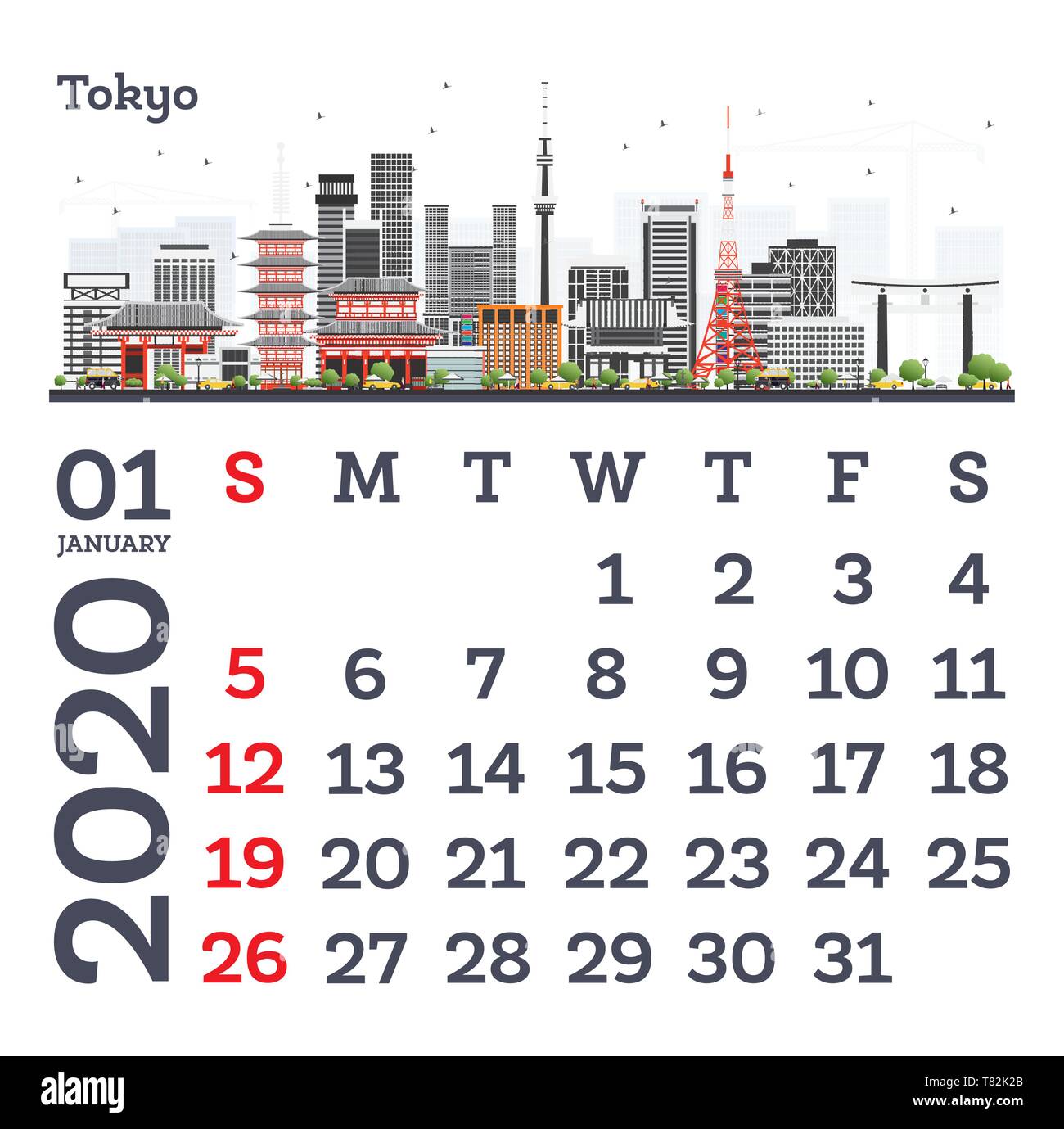January 2020 Calendar Template with Tokyo City Skyline. Vector Illustration. Template for Print. Week starts from Sunday. Stock Vector