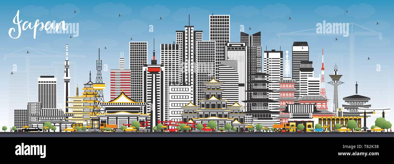 Japan City Skyline with Gray Buildings and Blue Sky. Vector Illustration. Tourism Concept with Historic Architecture. Cityscape with Landmarks. Tokyo. Stock Vector