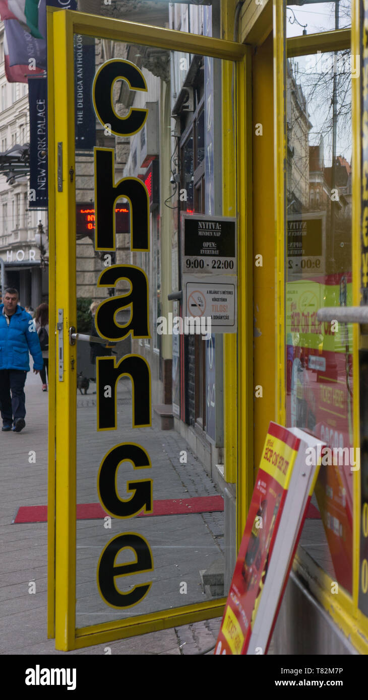 Budapest Hungary 03 15 2019 Travel currency exchange counter service