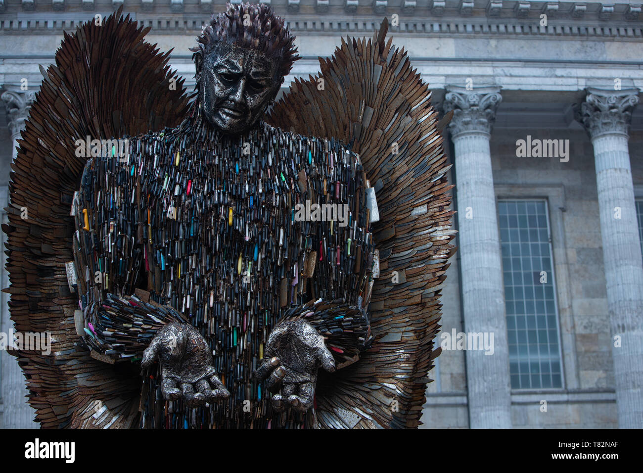 Knife Angel by Alfie Bradley. This sombre statue is made from 100,000 knives which have been taken off the streets in the UK. Stock Photo