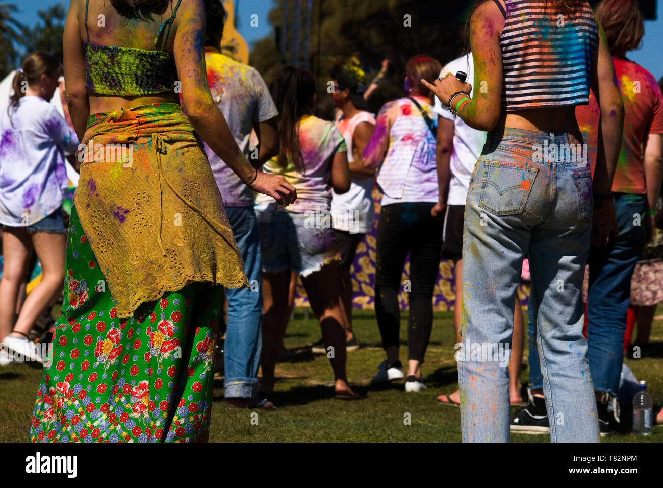 Holi festival of color in Melbourne, St. Kilda, hippie outfits Stock