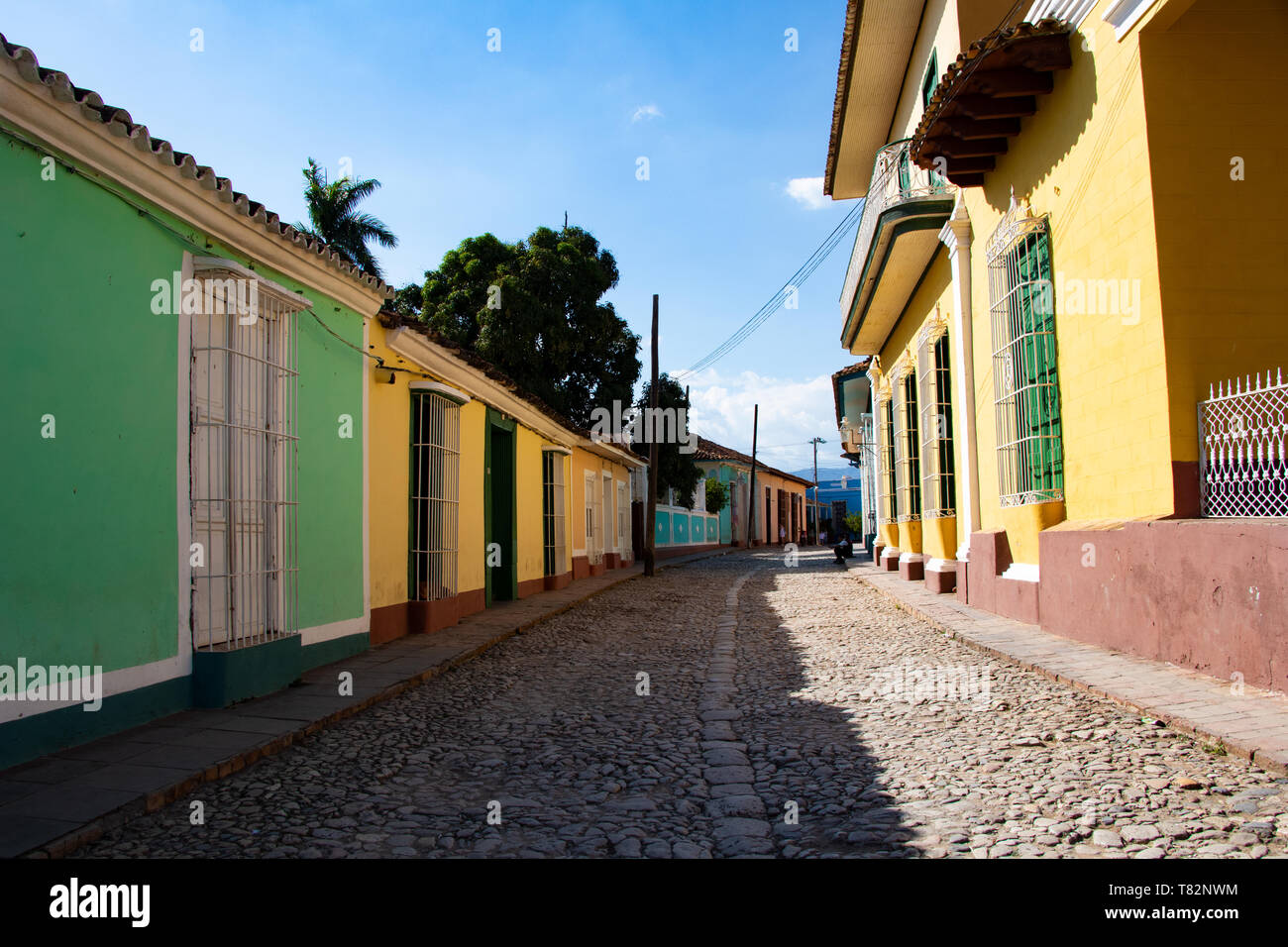 Street view of old town of Trinidad with colorful houses, Cuba Stock Photo