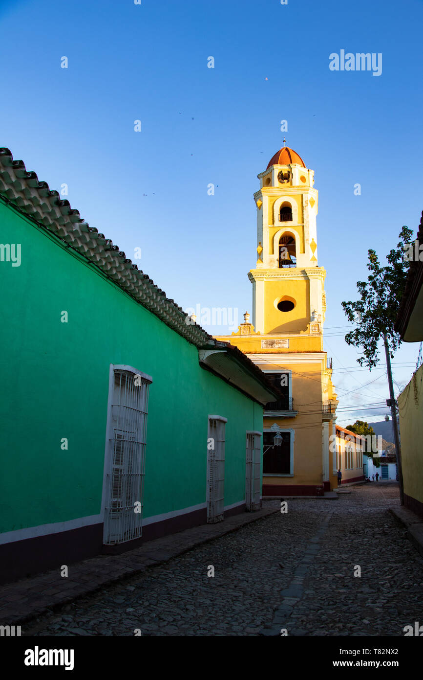 Street view of old town of Trinidad with colorful houses, Cuba Stock Photo