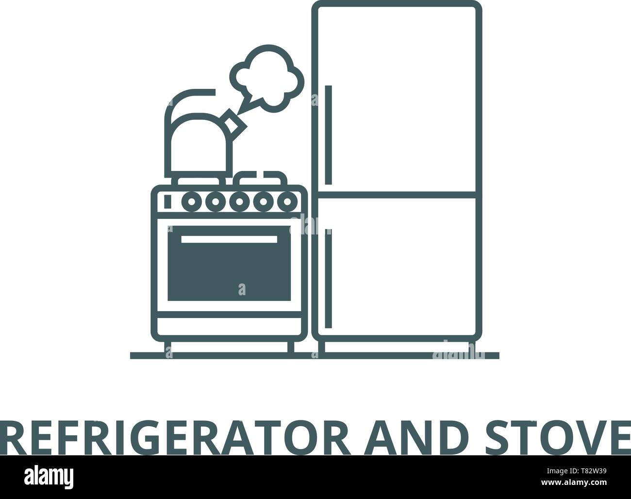 Kitchen,refrigerator, stove, kettle vector line icon, linear concept, outline sign, symbol Stock Vector