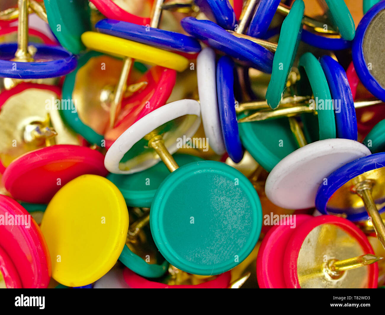 Group of colorful multi - colored pushpins. Close up macro photo. Stock Photo