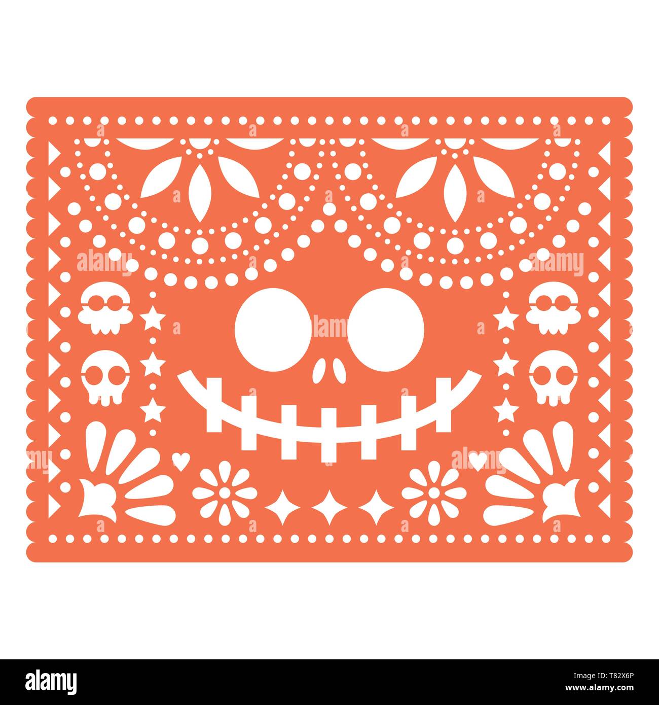 Halloween Papel Picado design with skulls and pumpkin scary face, Mexican paper cut out pattern - Dia de Los Muertos, Day of the Dead Stock Vector