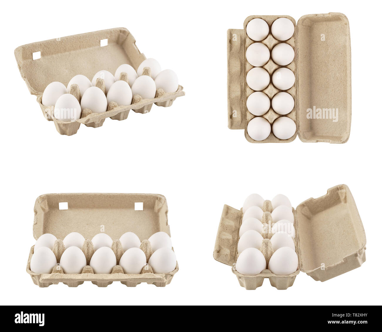 Set of full egg cartons shot from different angles. Recyclable boxes or containers. Isolated on