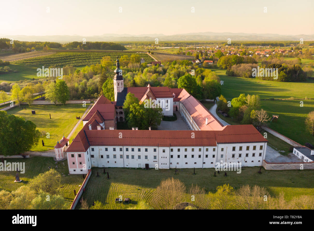 Aerial view of Cistercian monastery Kostanjevica na Krki, homely appointed as Castle Kostanjevica, Slovenia, Europe Stock Photo