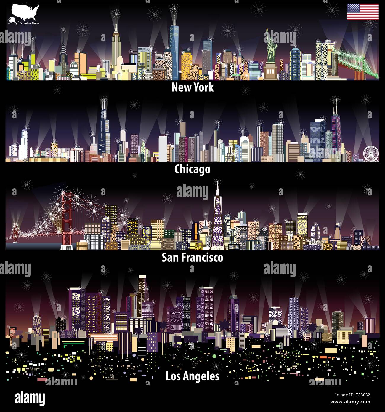 abstract vector illustrations of United States city skylines Stock Vector