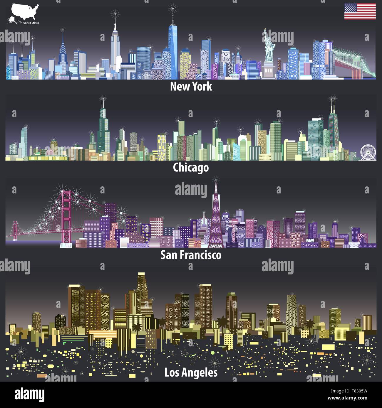 vector illustrations of United States city skylines Stock Vector