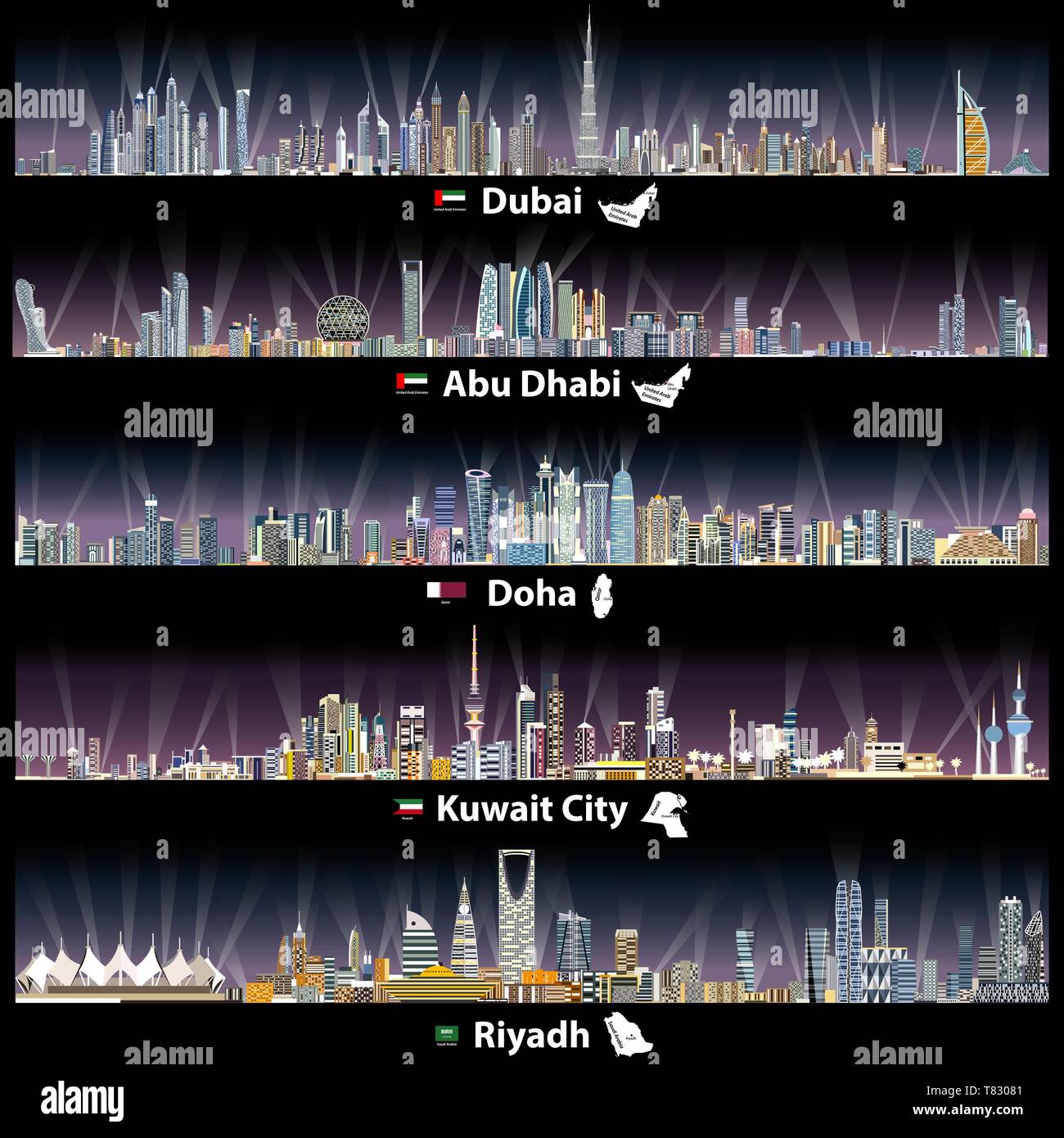 vector illustrations of Dubai, Abu Dhabi, Doha and Kuwait city skylines at night Stock Vector