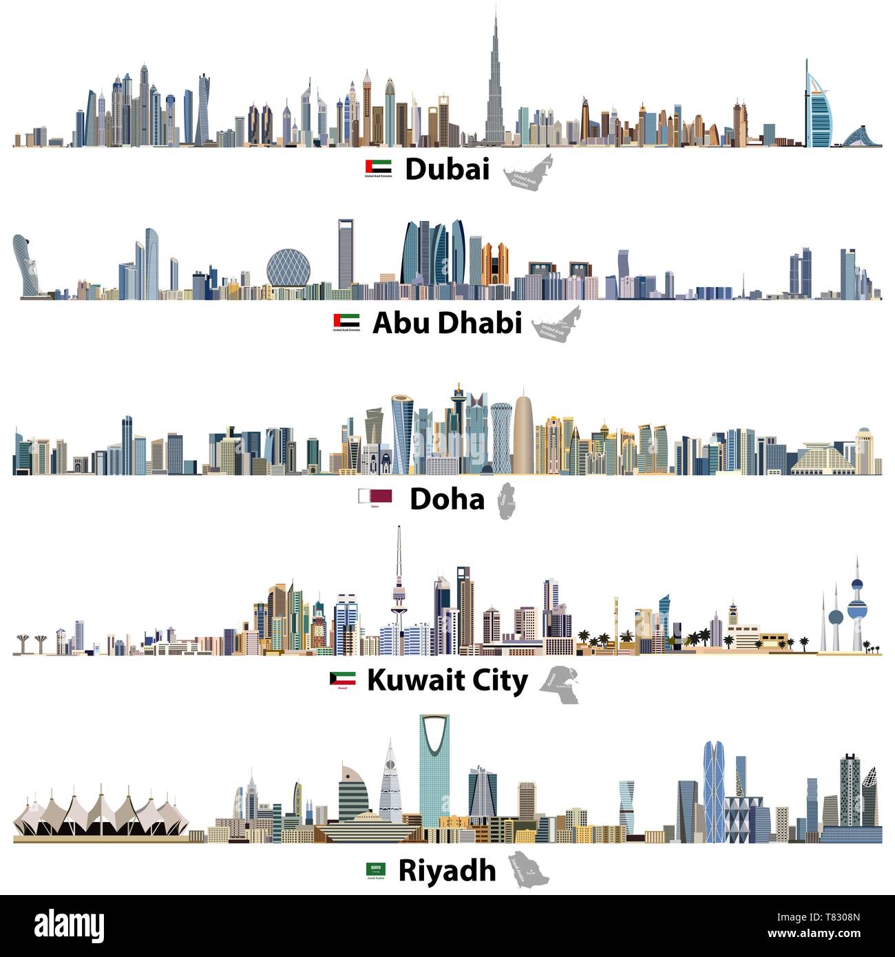 vector illustrations of Dubai, Abu Dhabi, Doha and Kuwait city skylines Stock Vector