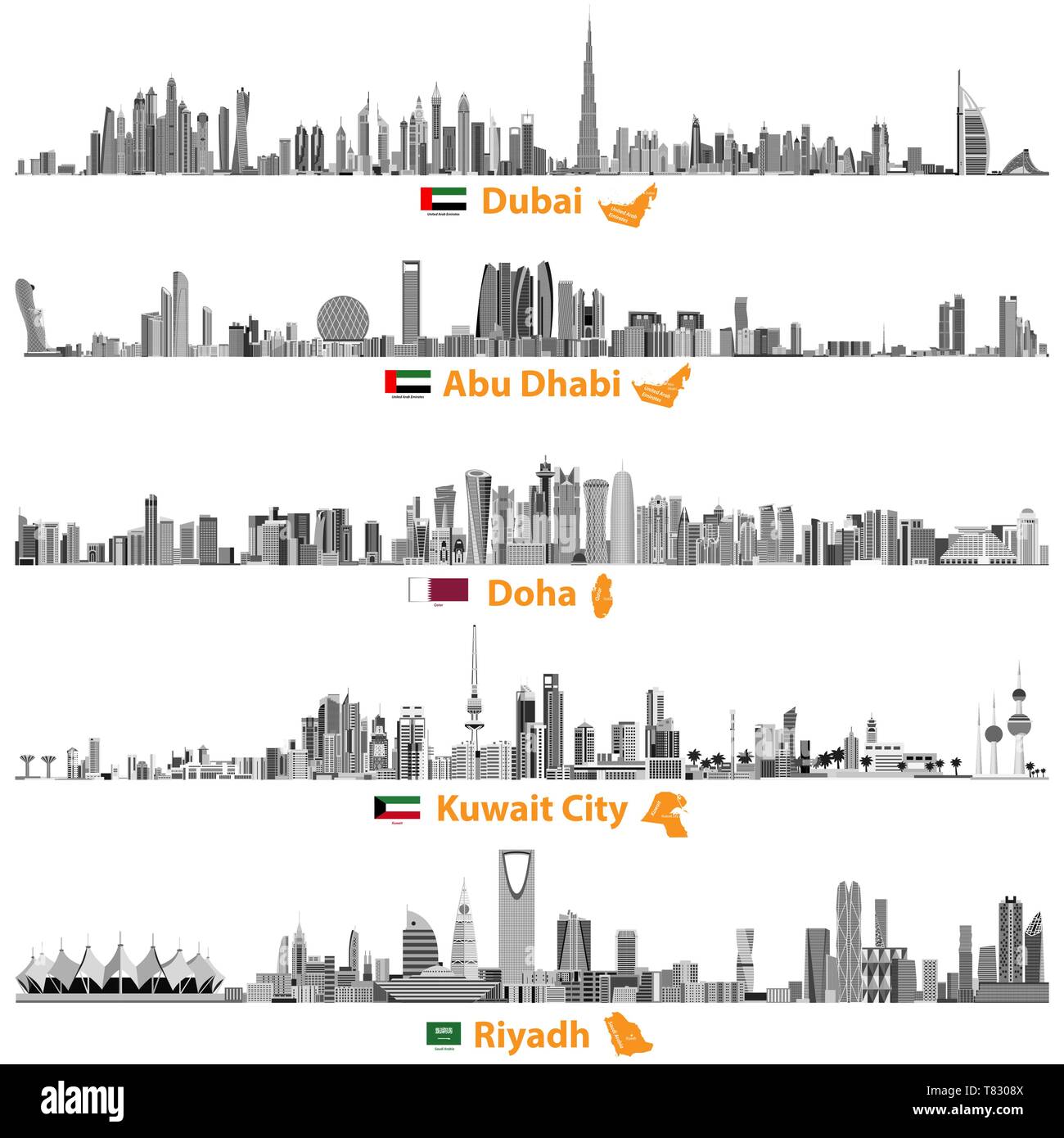 vector illustrations of Dubai, Abu Dhabi, Doha and Kuwait city skylines Stock Vector