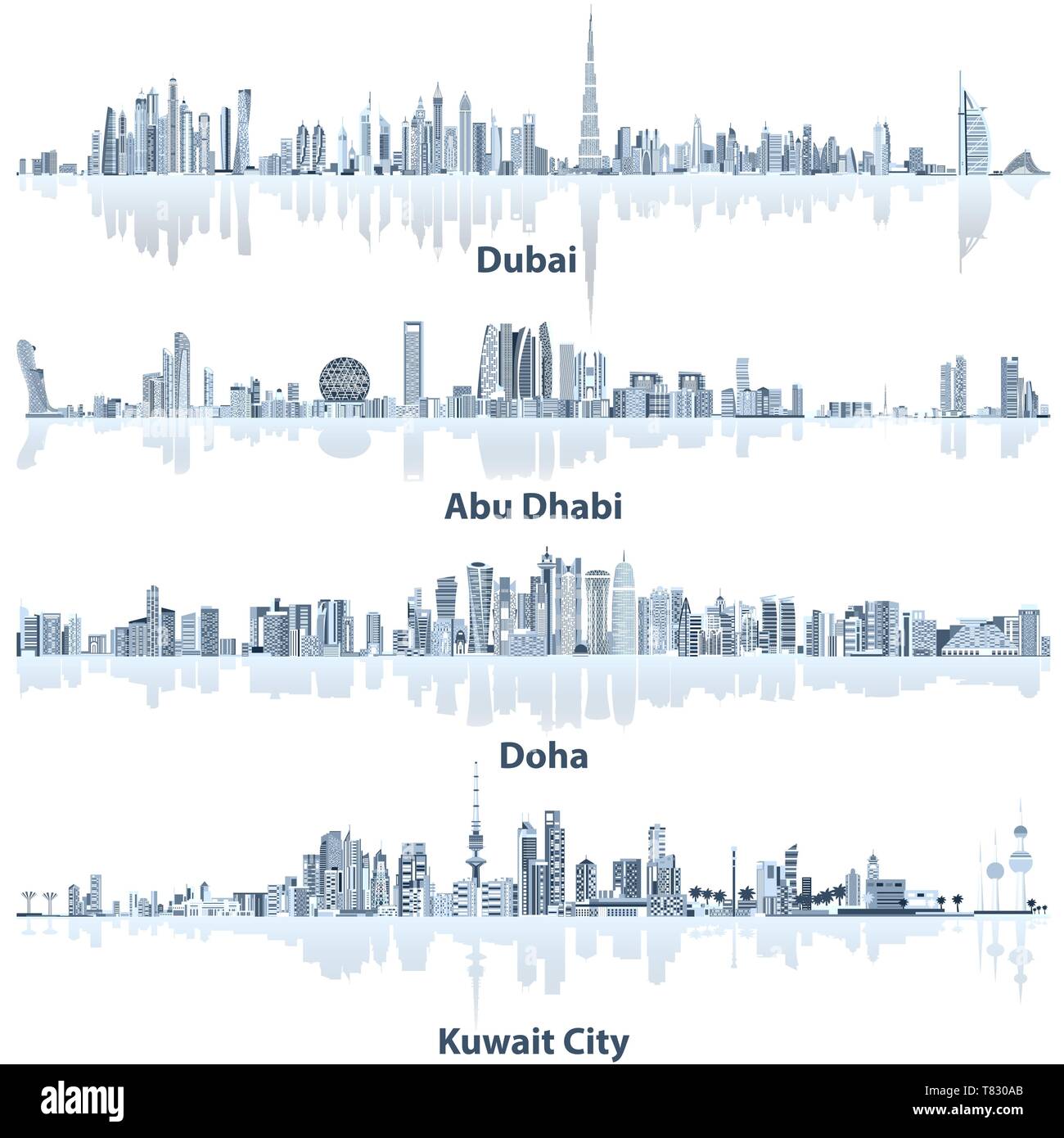 vector illustrations of Dubai, Abu Dhabi and Kuwait city skylines Stock Vector