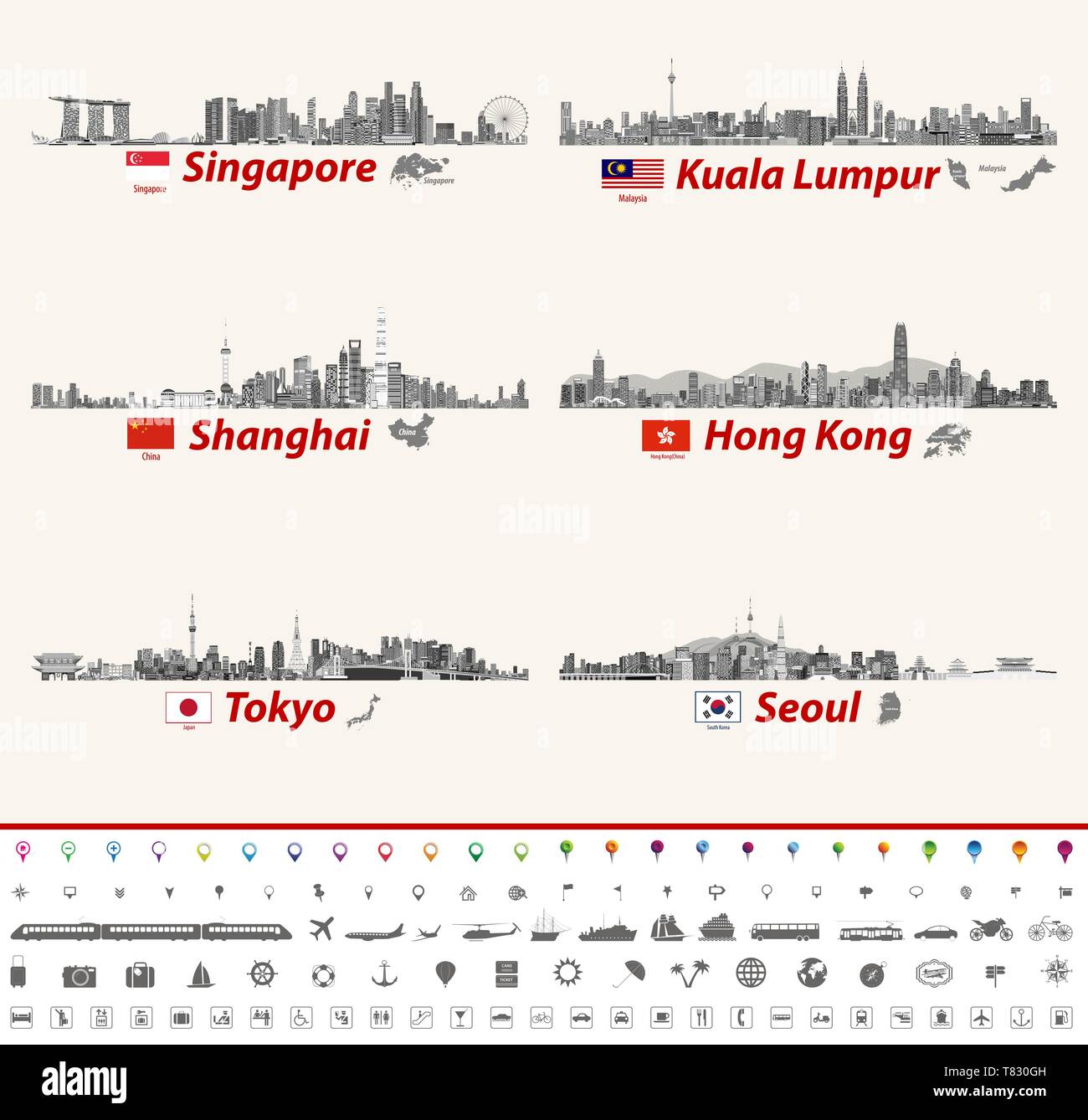vector skylines of Singapore, Kuala Lumpur, Shanghai, Hong Kong, Tokyo and Seoul Stock Vector