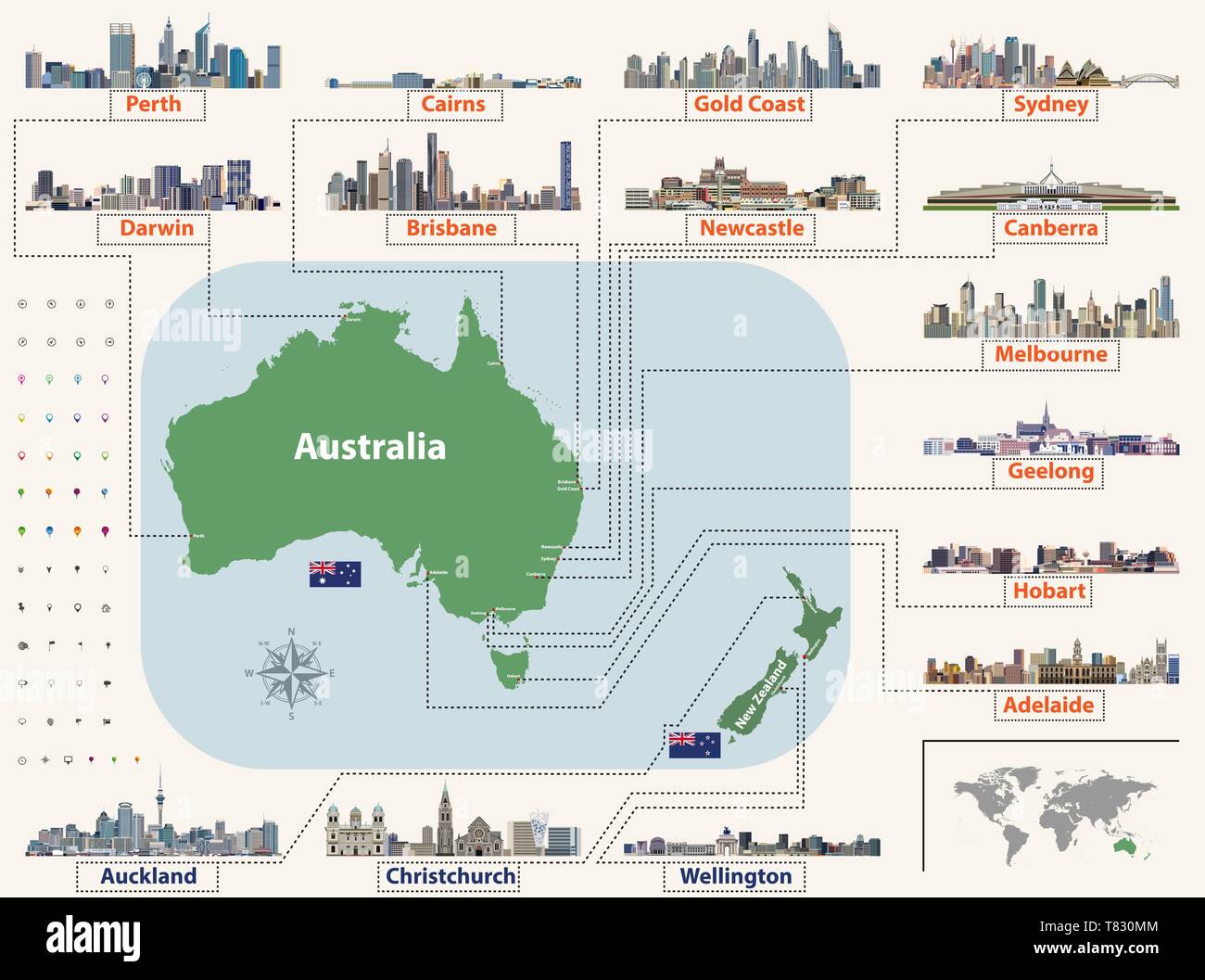 vector map (and flag) of Australia and New Zealand with largest cities skylines. Stock Vector