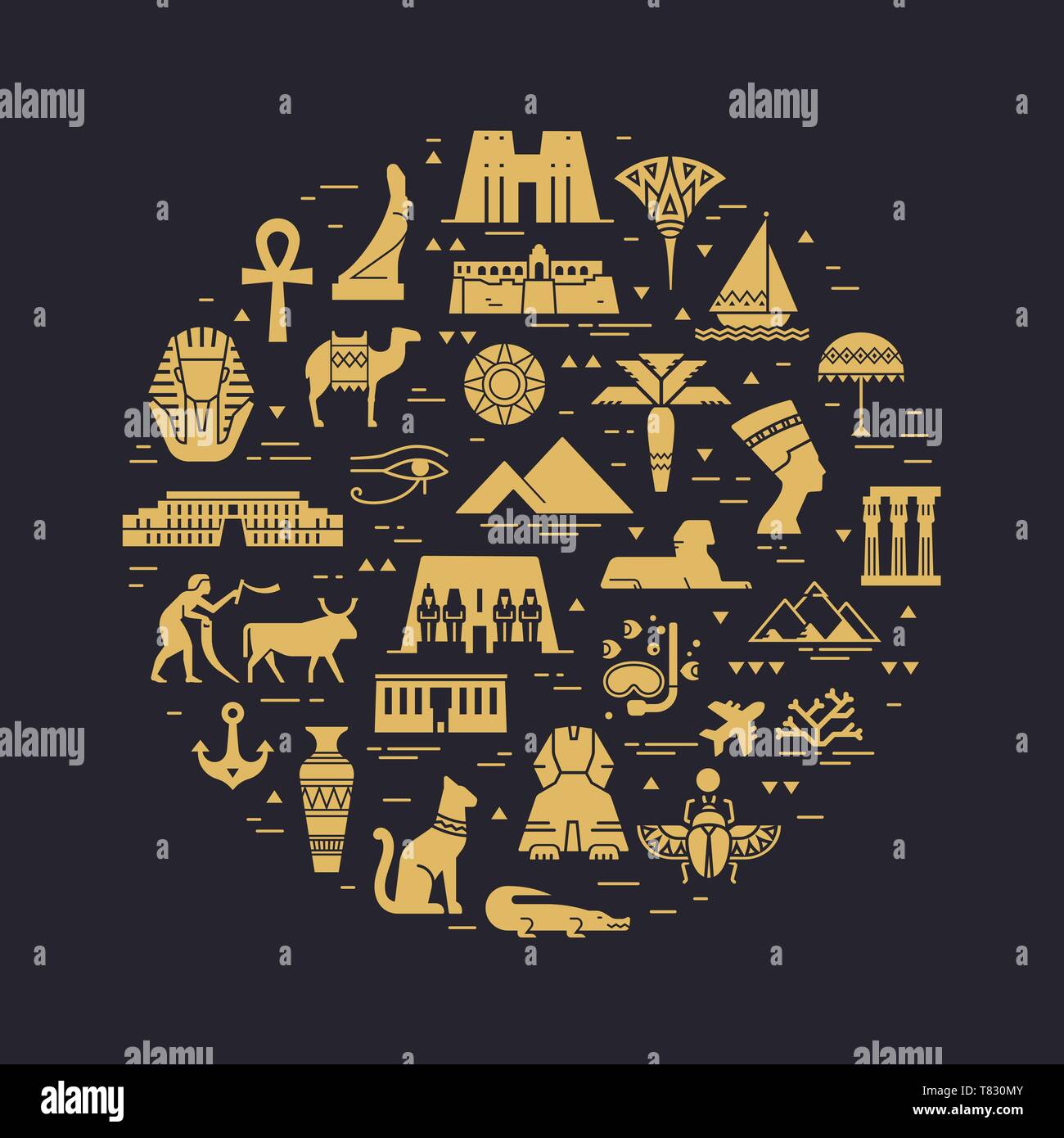 Circular design pattern of filled icons on the theme of sights and ...