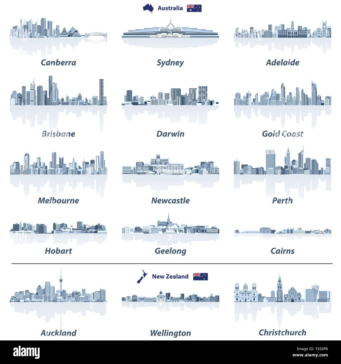 vector illustration of Australian and New Zealand city skylines. Stock Vector