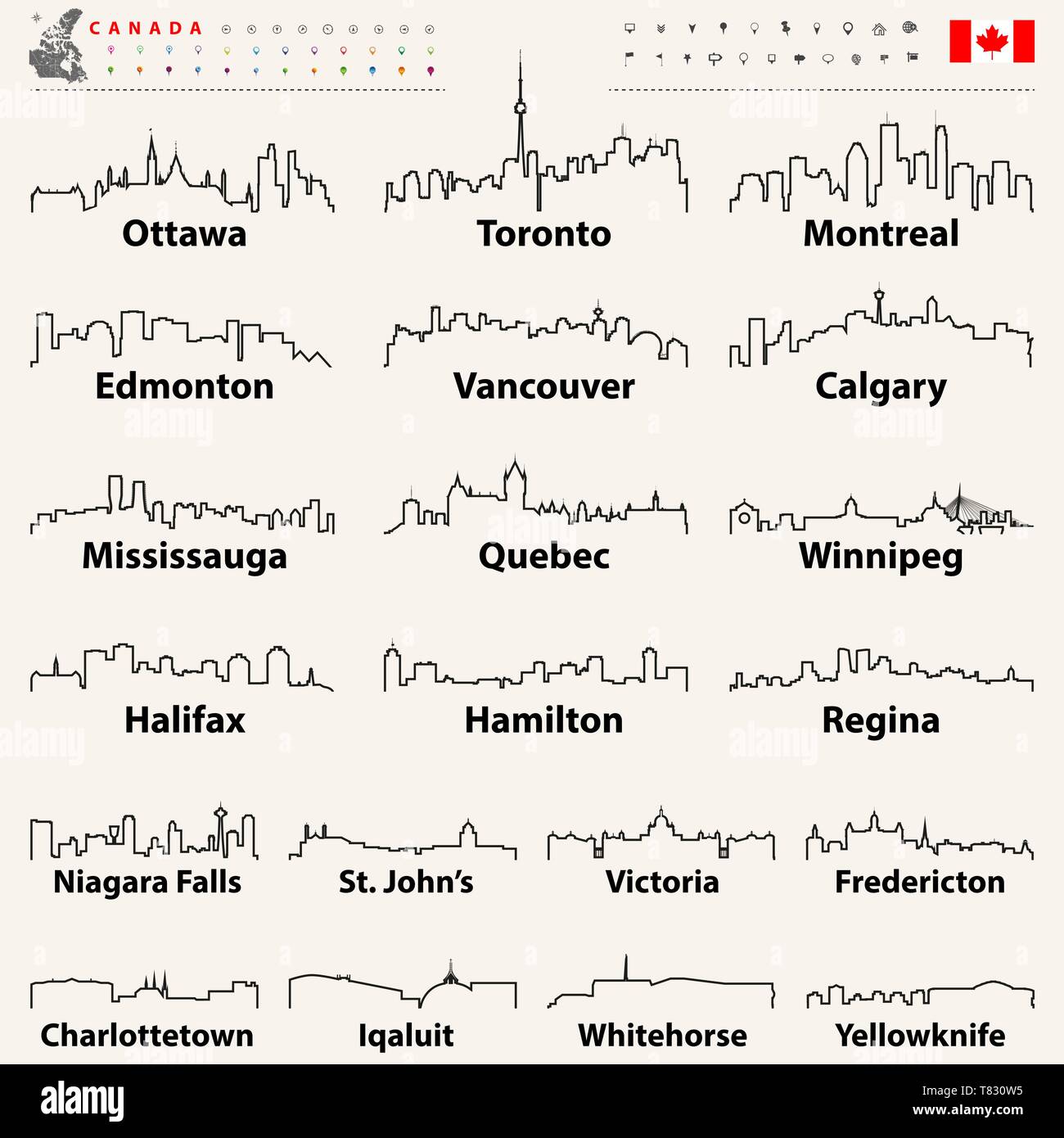 vector Canadian largest cities and all states capitals skylines Stock Vector