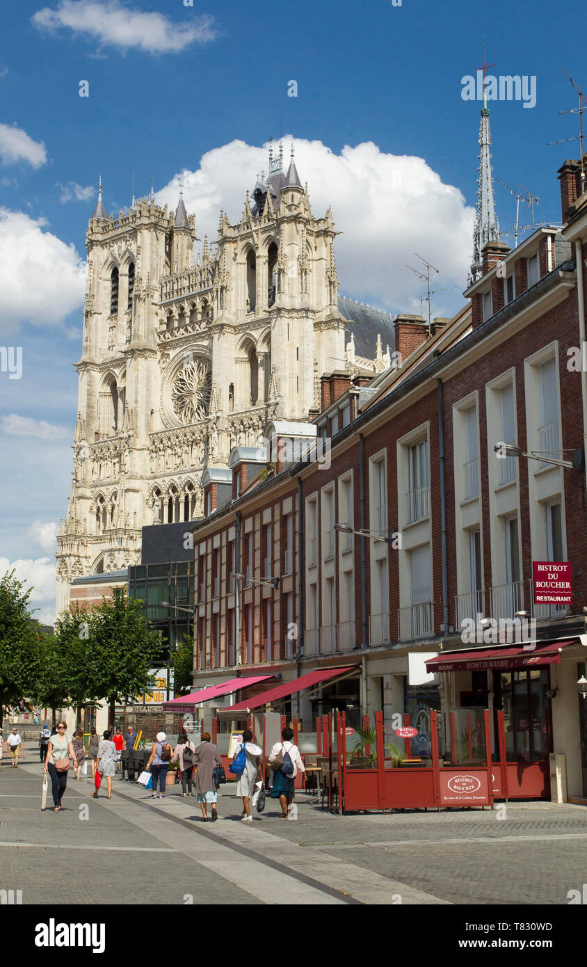 Amiens (northern France): “rue Dusevel” street and the Roman Catholic Cathedral of Amiens, registered as a UNESCO World Heritage Site. Stock Photo