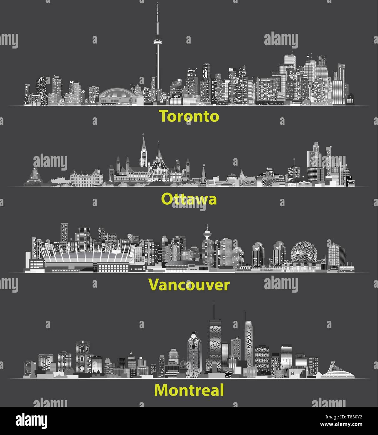 vector illustrations of Canadian cities Toronto, Montreal, Vancouver and Ottawa skylines Stock