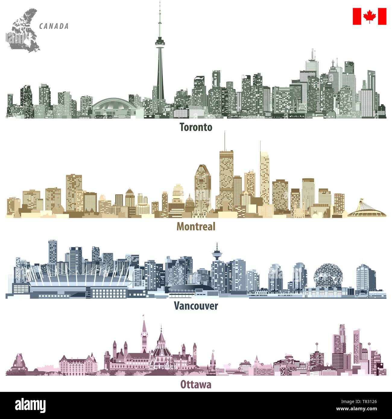 vector illustrations of Canadian cities Toronto, Montreal, Vancouver and Ottawa skylines Stock Vector