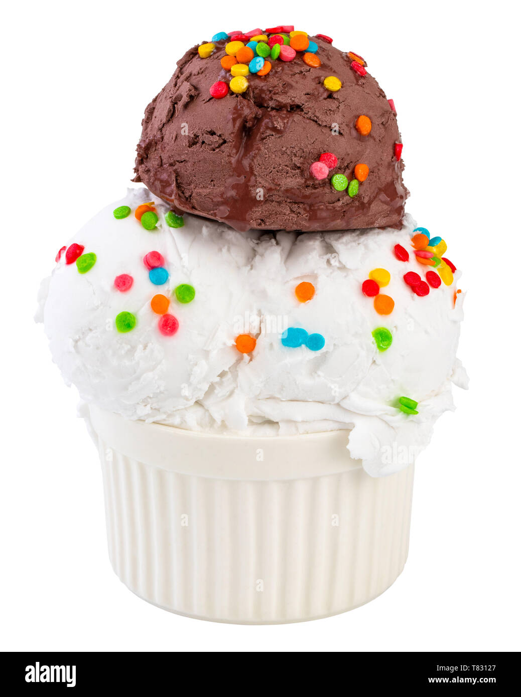 plate of vanilla and chocolate ice cream scoops swith sprinkles ...