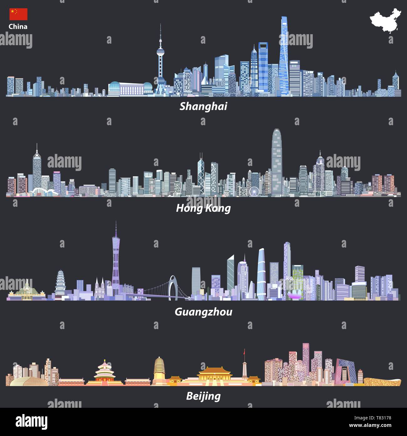 Vector Illustrations Of Shanghai Hong Kong Guangzhou And Beijing Skylines Stock Vector Image Art Alamy