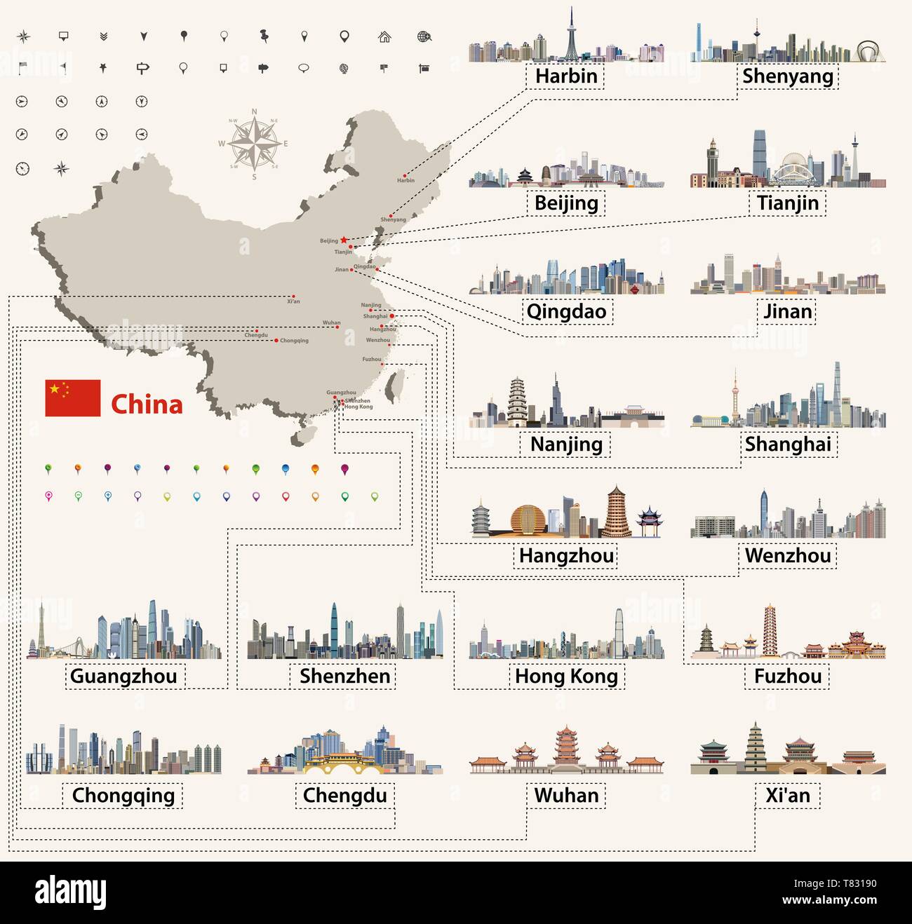 China map with largest chinese city skylines. Vector illustration Stock Vector