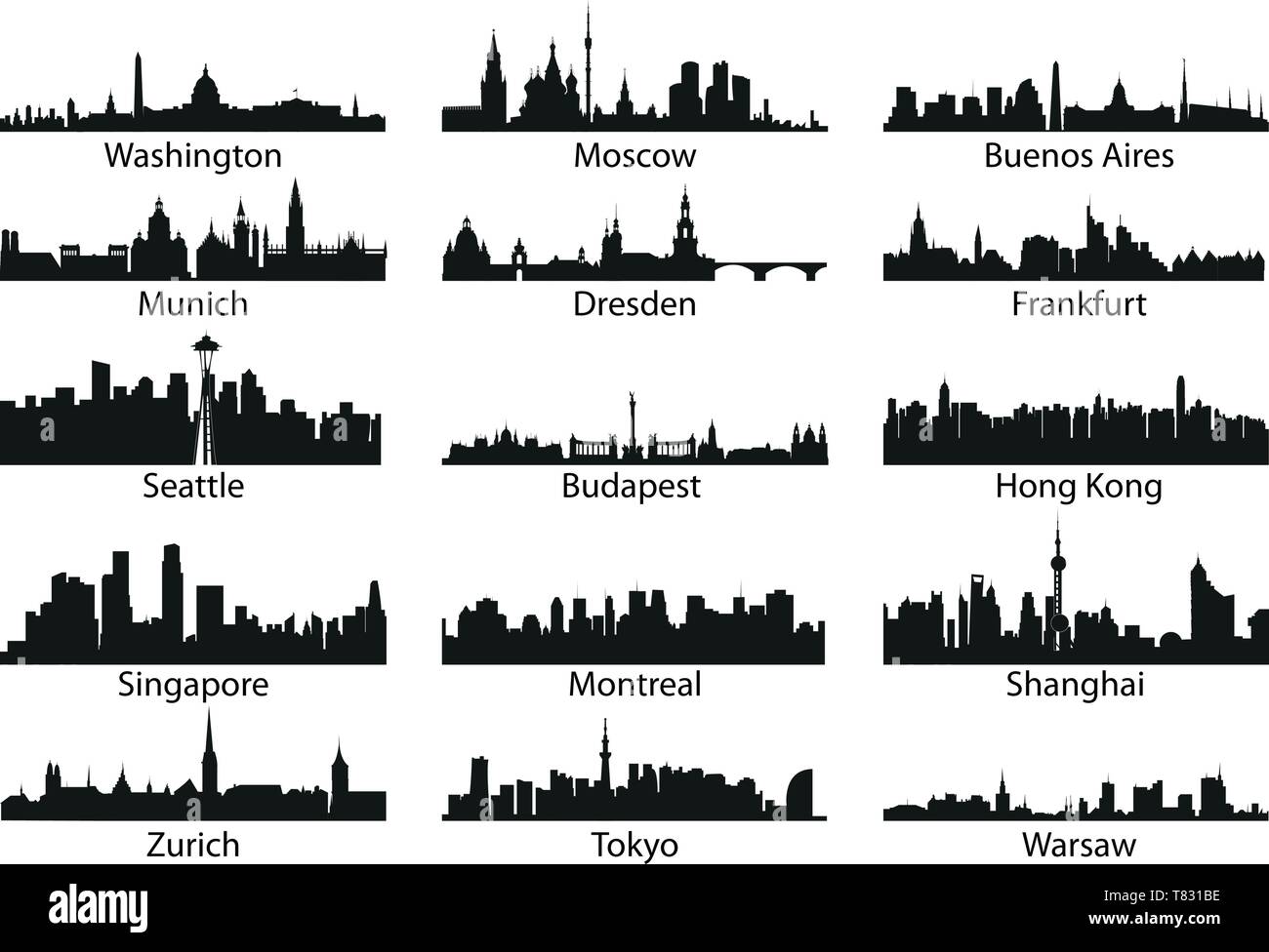 vector world cities skylines silhouettes Stock Vector