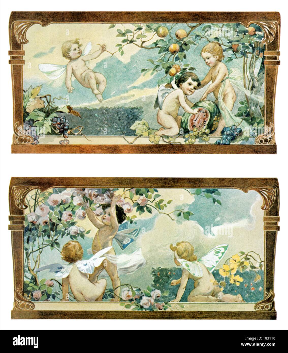 Painting: Overdoor with cupids playing with landscape background - Vintage Illustration by Figurative Paintings 1910 Stock Photo