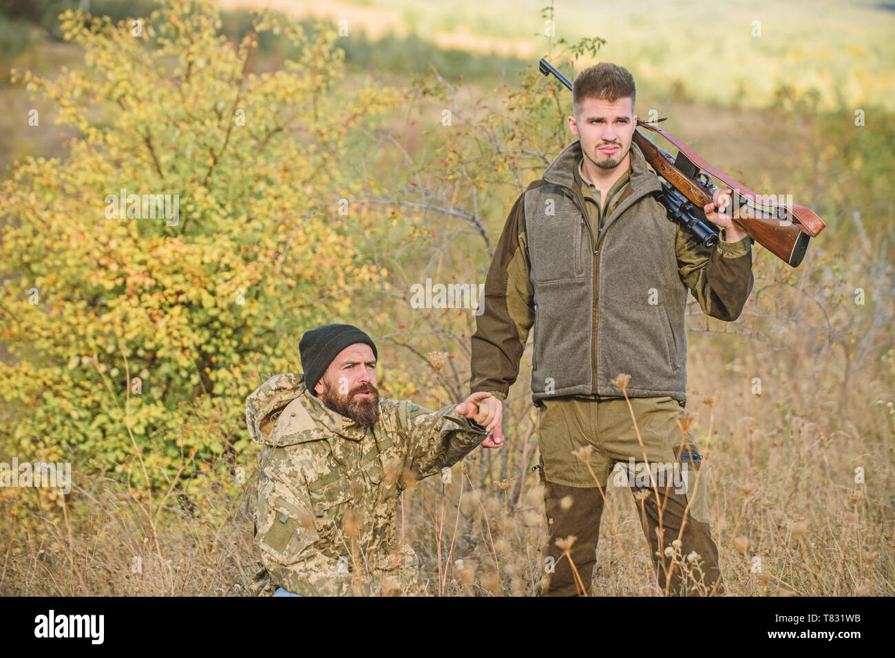 Poaching concept. Activity for brutal men. Hunters brutal poachers