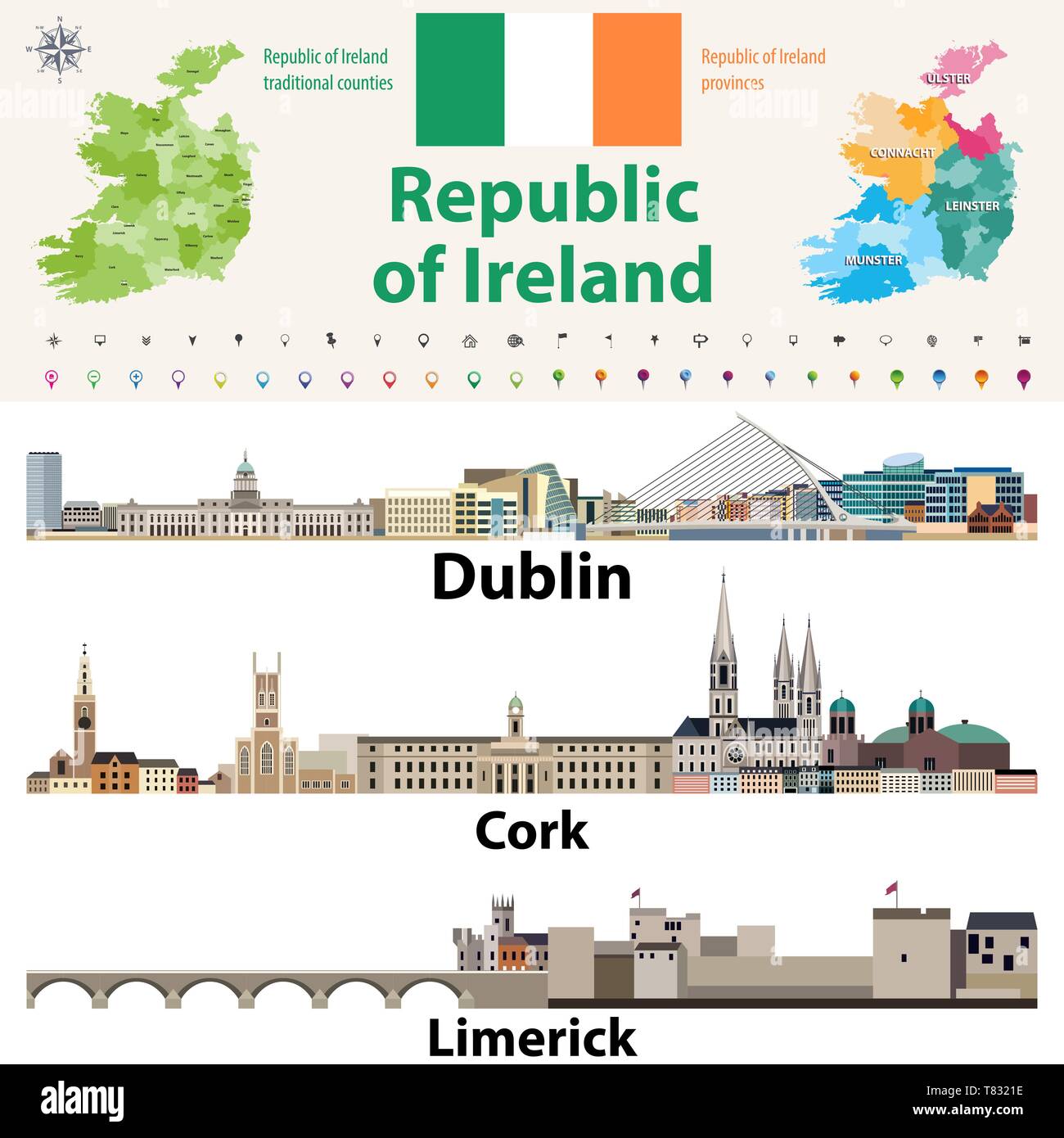 Republic of Ireland traditional countries and provinces map and Irish largest cities skylines Stock Vector