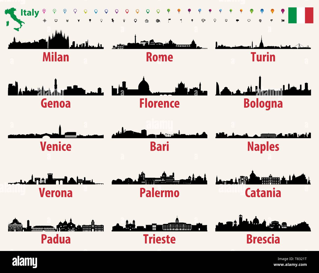 Italy vector cities skylines silhouettes Stock Vector