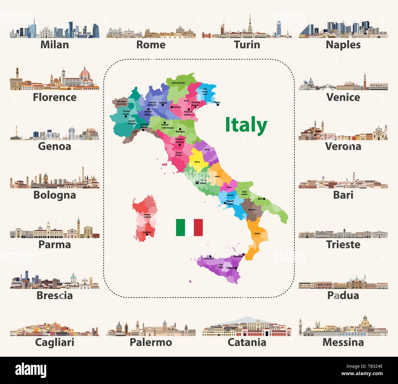 vector illustration of Italy map with main cities skylines Stock Vector